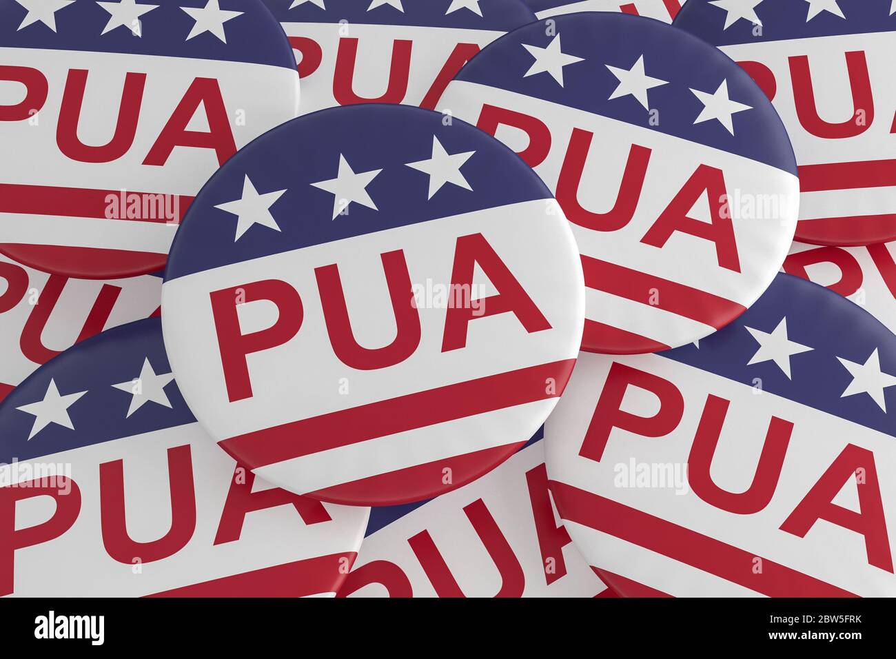 Pandemic Unemployment Assistance Badges: Pile of PUA Buttons With US Flag, 3d illustration Stock Photo
