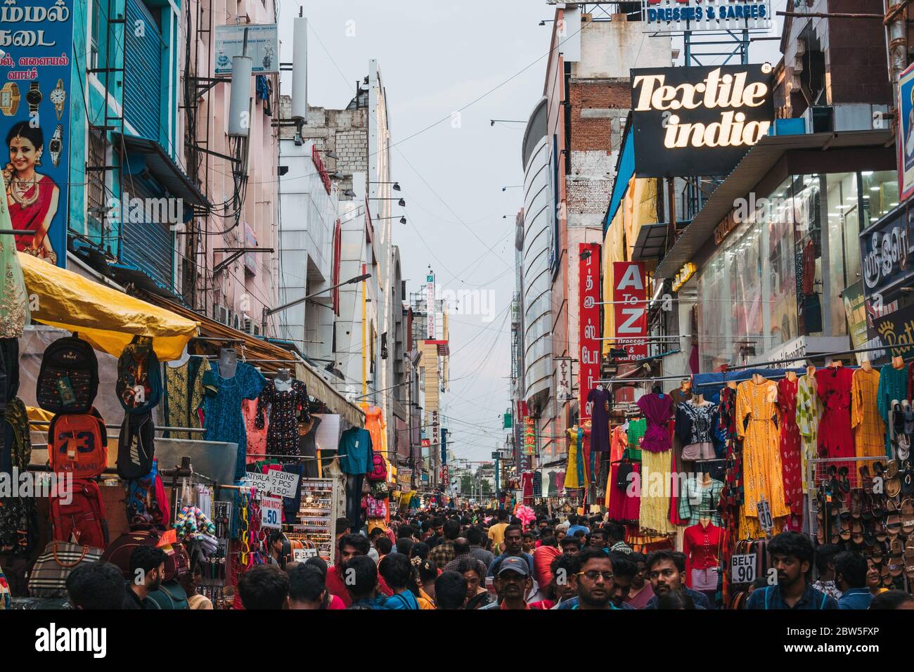 Retailers, stalls and shoppers in Ranganathan Street, touted as one of the most crowded streets in the world, in Chennai, India Stock Photo