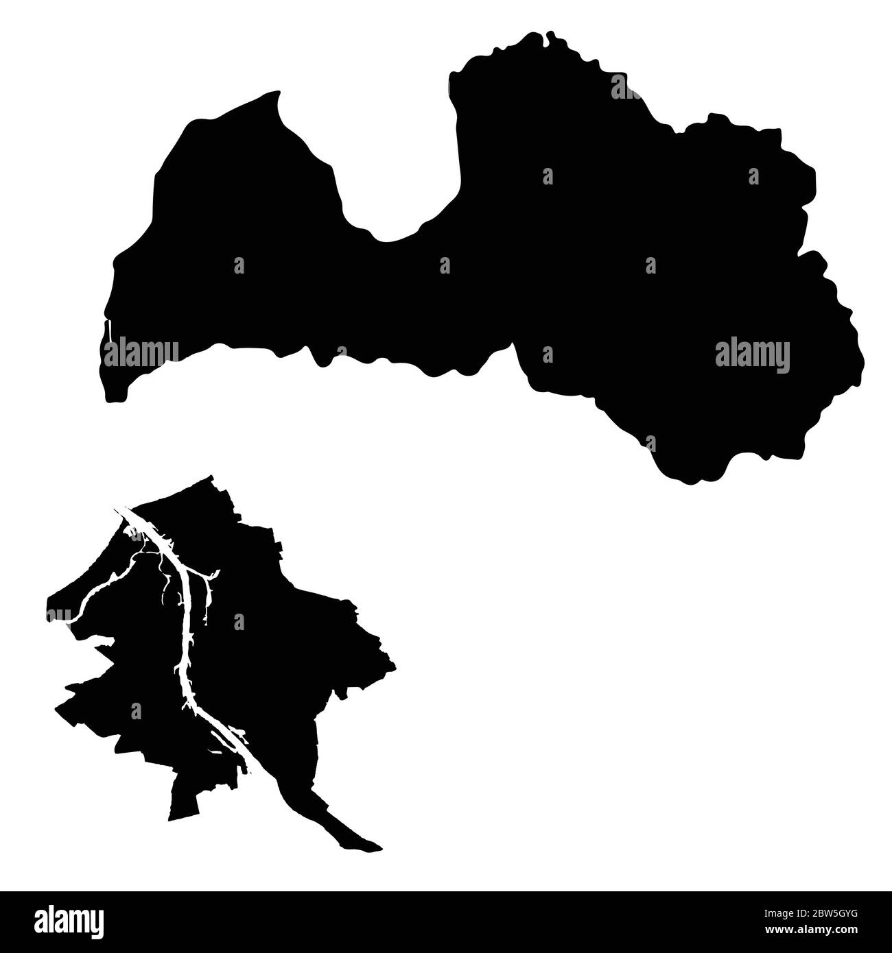 Vector map Latvia and Riga. Country and capital. Isolated vector Illustration. Black on White background. EPS 10 Illustration. Stock Vector