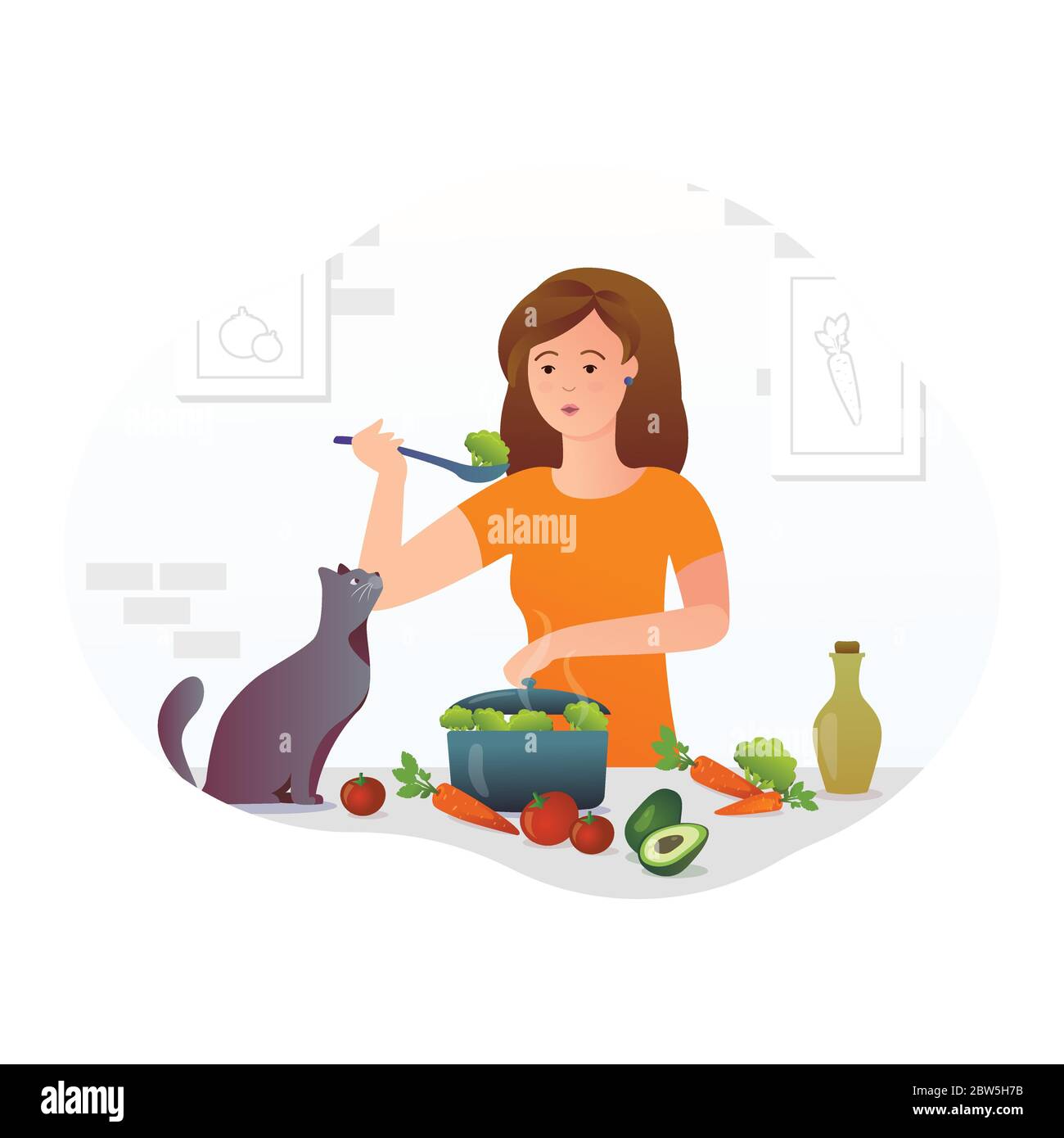 Girl cooks in the kitchen with a cat Stock Vector