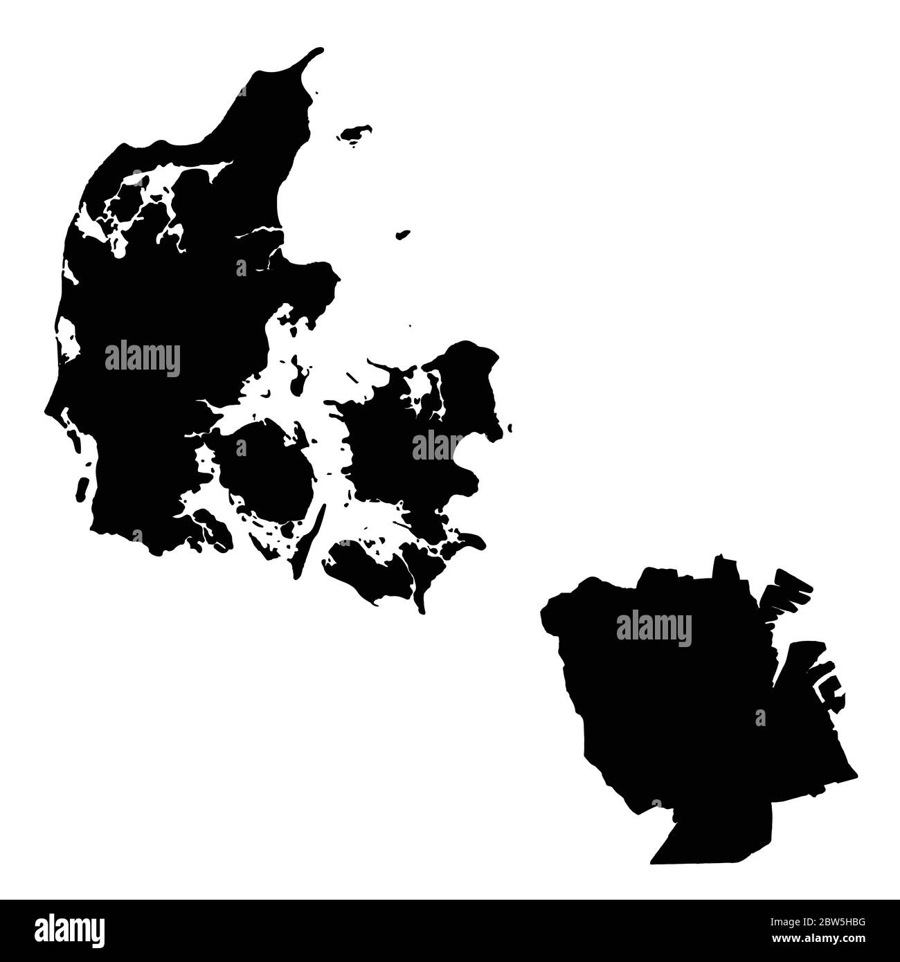 Vector map Denmark and Copenhagen. Country and capital. Isolated vector Illustration. Black on White background. EPS 10 Illustration. Stock Vector