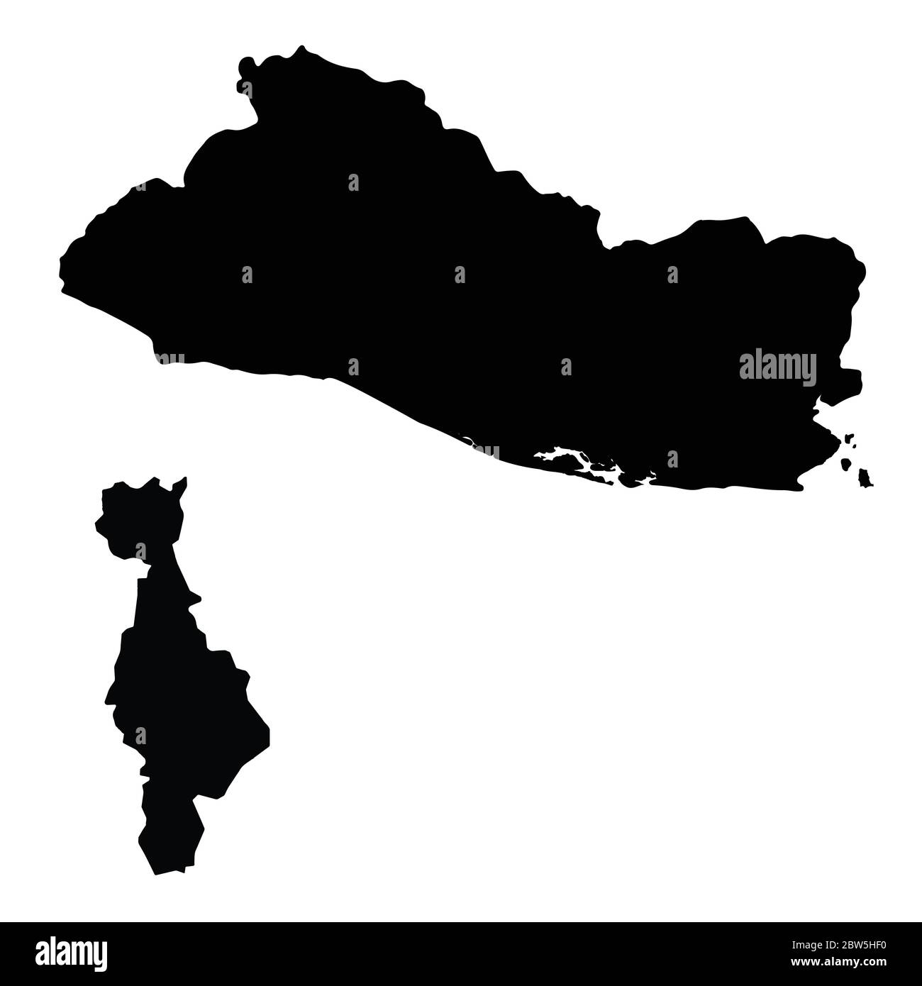 Vector map Salvador and San Salvador. Country and capital. Isolated vector Illustration. Black on White background. EPS 10 Illustration. Stock Vector