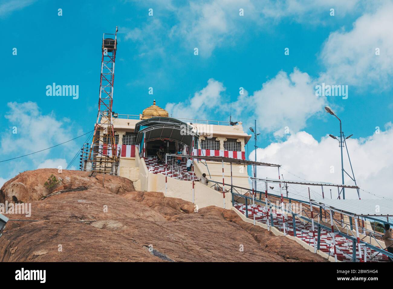 The stairs and entrance to the Arulmigu Uchchi Pillaiyar on top of Rock Fort, Tiruchirappalli Stock Photo