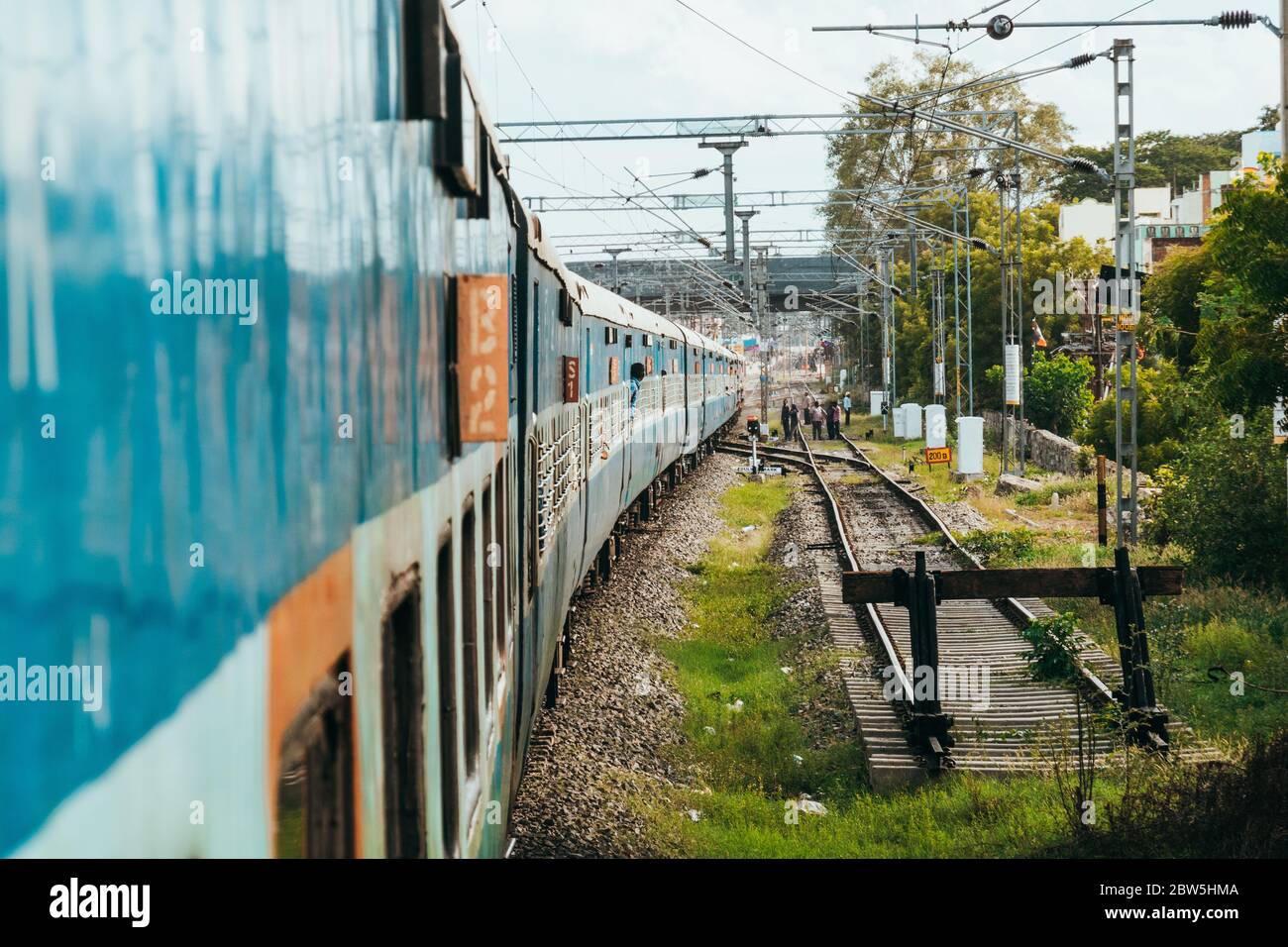 The view of the carriages from the train door approaching Madurai, Tamil Nadu, India Stock Photo