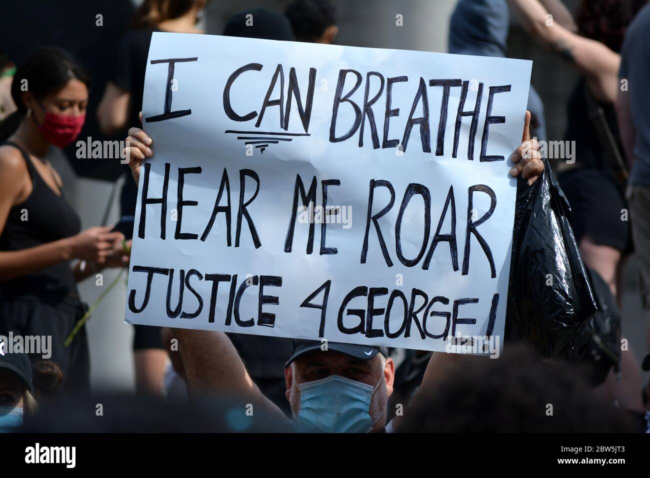 Protest march against police brutality in Lower Manhattan following the death of Minneapolis man George Loyd at the hands of local police. Stock Photo