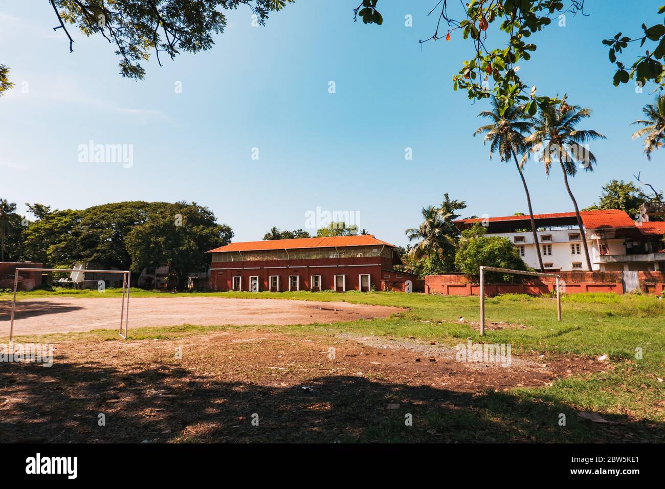 Soccer goal posts on a school grounds in Kochi, India Stock Photo