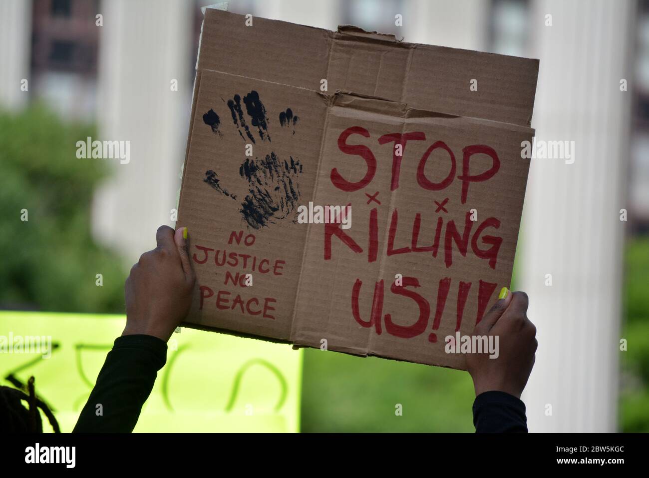Protest march against police brutality in Lower Manhattan following the death of Minneapolis man George Loyd at the hands of local police. Stock Photo