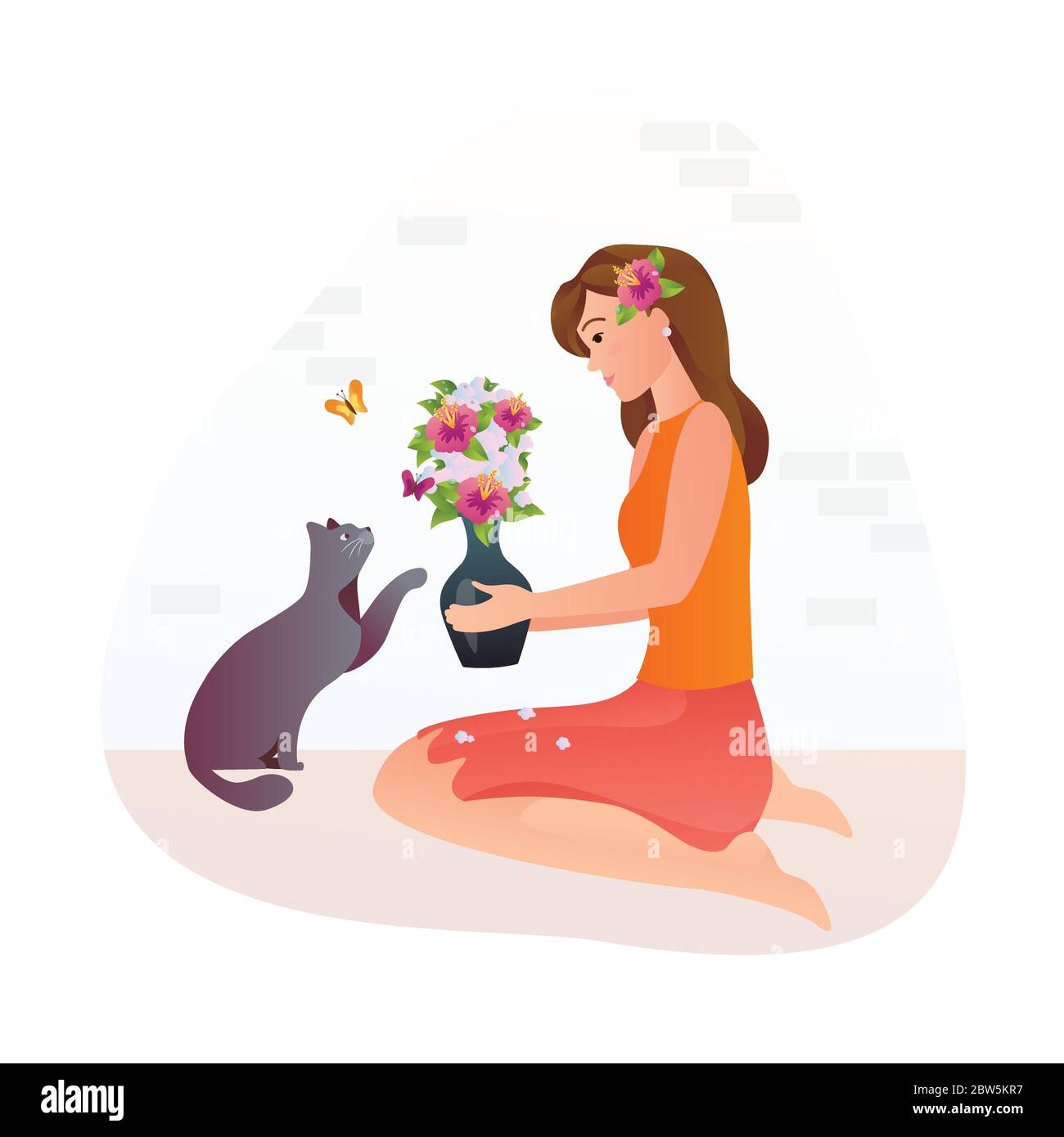 Girl holds a vase with flowers in her hands. The cat is smelling flowers. Stock Vector