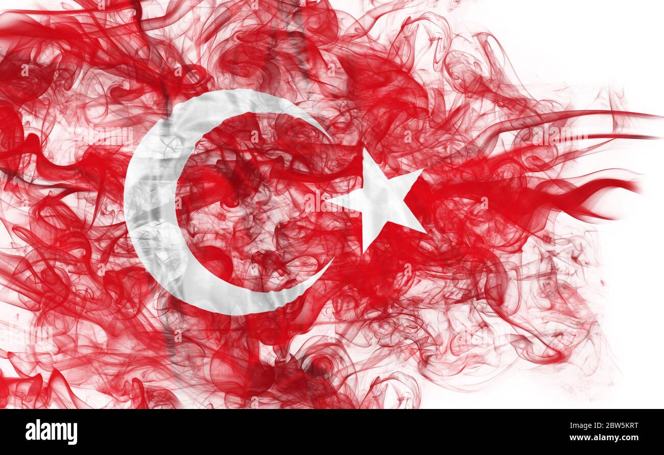 Smoke shape of national Turkish flag of Turkey isolated on white background. Business concept of crisis and international commercial tension. 3D Stock Photo