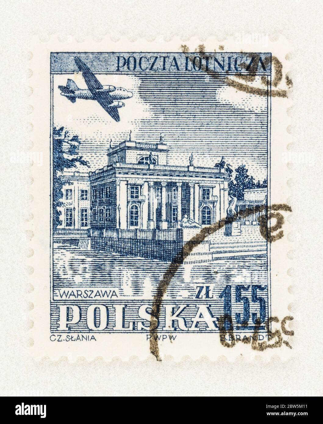 SEATTLE WASHINGTON - May 27, 2020:  Poland airmail stamp of 1954  featuring airplane over Lazienski Palace in Warsaw. Scott # C39 Stock Photo