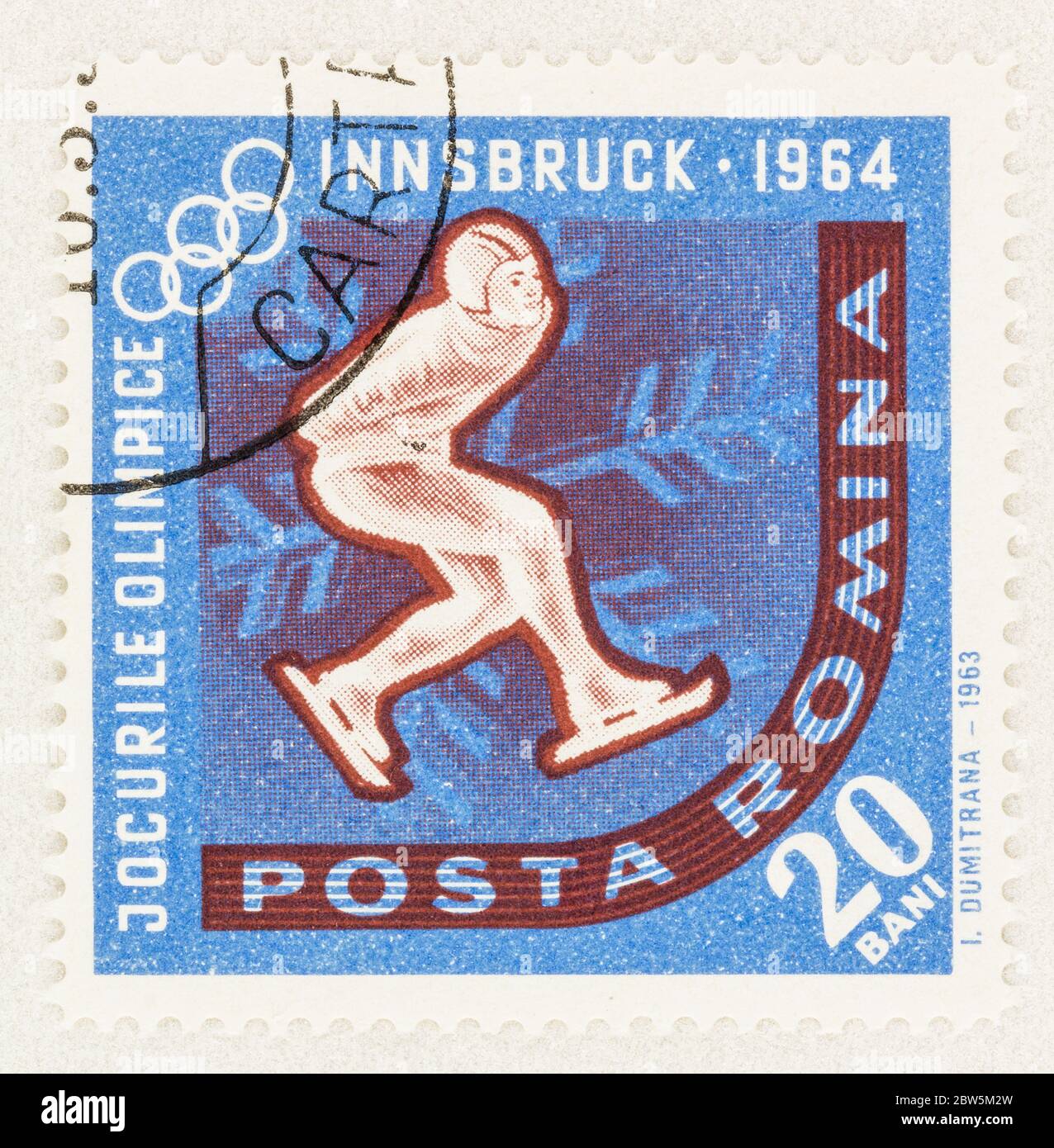 SEATTLE WASHINGTON - May 27, 2020:  Speed skater on 1963 Romanian stamp, commemorating the 1964 Winter Olympic games in Innsbruck. Scott # 1598 Stock Photo