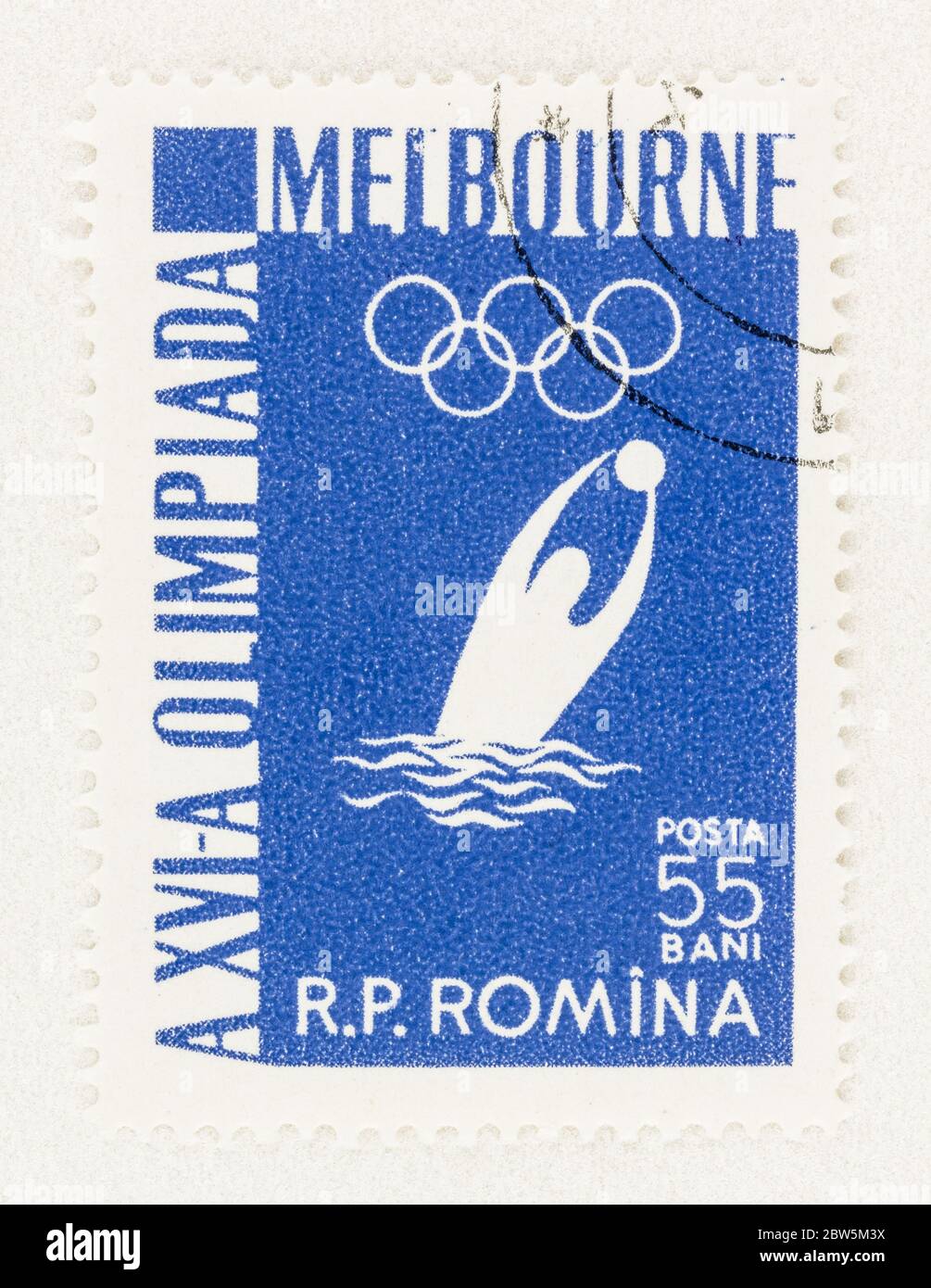 SEATTLE WASHINGTON - May 27, 2020:  Water polo player on Romanian stamp, commemorating the 1956 Summer  Olympic games in Melbourne Australia. Stock Photo