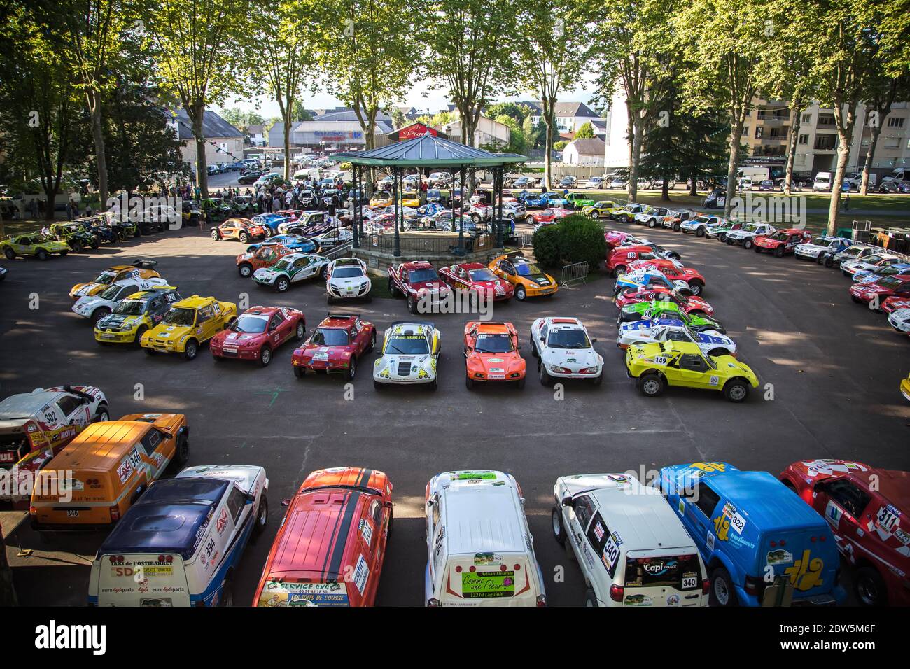 OLORON, FRANCE - SEPTEMBER 02 2016 :  Parc ferme, riders' Area before Rallye des Cimes. Stock Photo