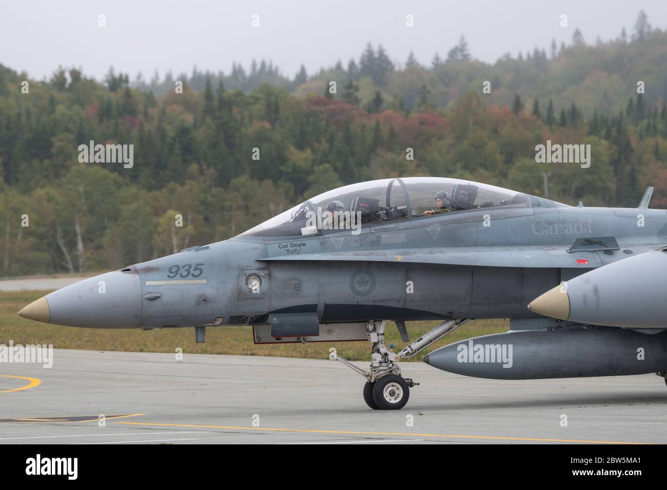 Saint John, New Brunswick, Canada - September 17, 2017: Pilots in a CF-18 Hornet fighter jet prepare for takeoff after visiting Saint John. Stock Photo
