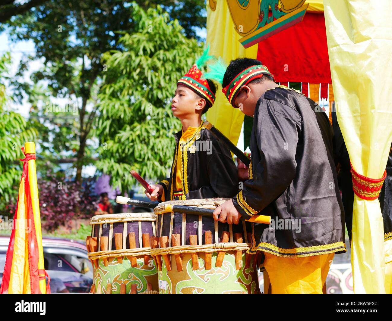 Dec 21, 2019 - Tarakan,Indonesia: Group of musician play rebana or also known as kompang, performing in Nusantara cultural parade Stock Photo