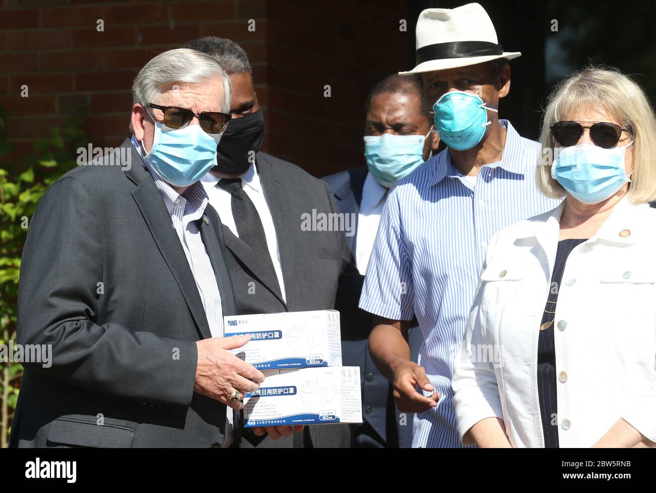 Hanley Hills, United States. 29th May, 2020. Missouri Governor Mike Parson and Missouri First Lady Teresa Parson, prepare to hand out face masks at The Mt. Beulah Missionary Baptist Church, in .Hanley Hills, Missouri on Friday, May 29, 2020. The first couple handed out the masks to church leaders who plan on reopening their places of worship this Sunday. Photo by Bill Greenblatt/UPI Credit: UPI/Alamy Live News Stock Photo