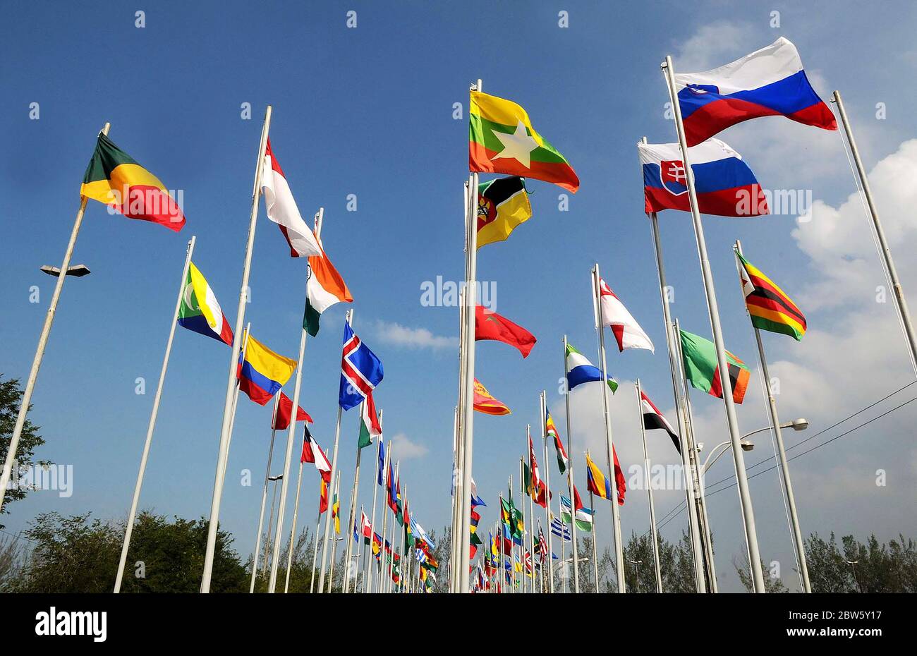 Rio de Janeiro, June 20, 2009. Flags hoisted from various countries during the Rio + 20 conference at Riocentro, in the city of Rio de Janeiro, Brazil Stock Photo