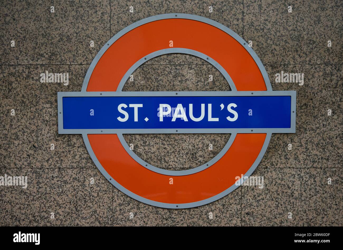 St Paul's London Underground Station sign on a stone marble wall. London Stock Photo