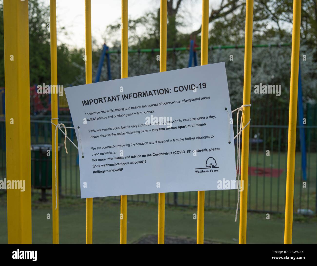 Closed children's playground sign by Waltham Forest Council due to Covid19. London Stock Photo