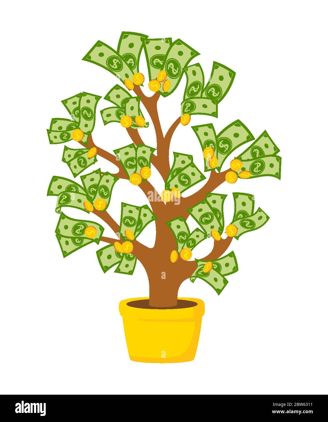 Money tree with coins and banknotes. Flat cartoon potted house plant ceramic. Growing gold coin and green dollar, sprouts rising from pot. Hundreds dollars, paper bills. Isolated vector illustration Stock Vector