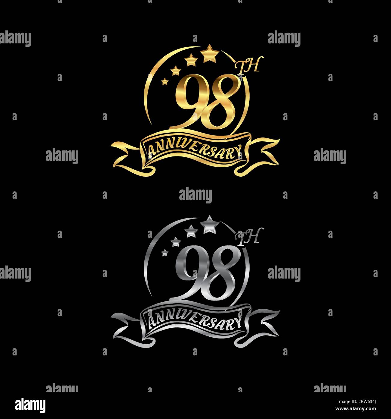 Celebrating the 98th anniversary logo,star shape, with gold and silver rings and gradation ribbons isolated on a black background.EPS 10 Stock Vector