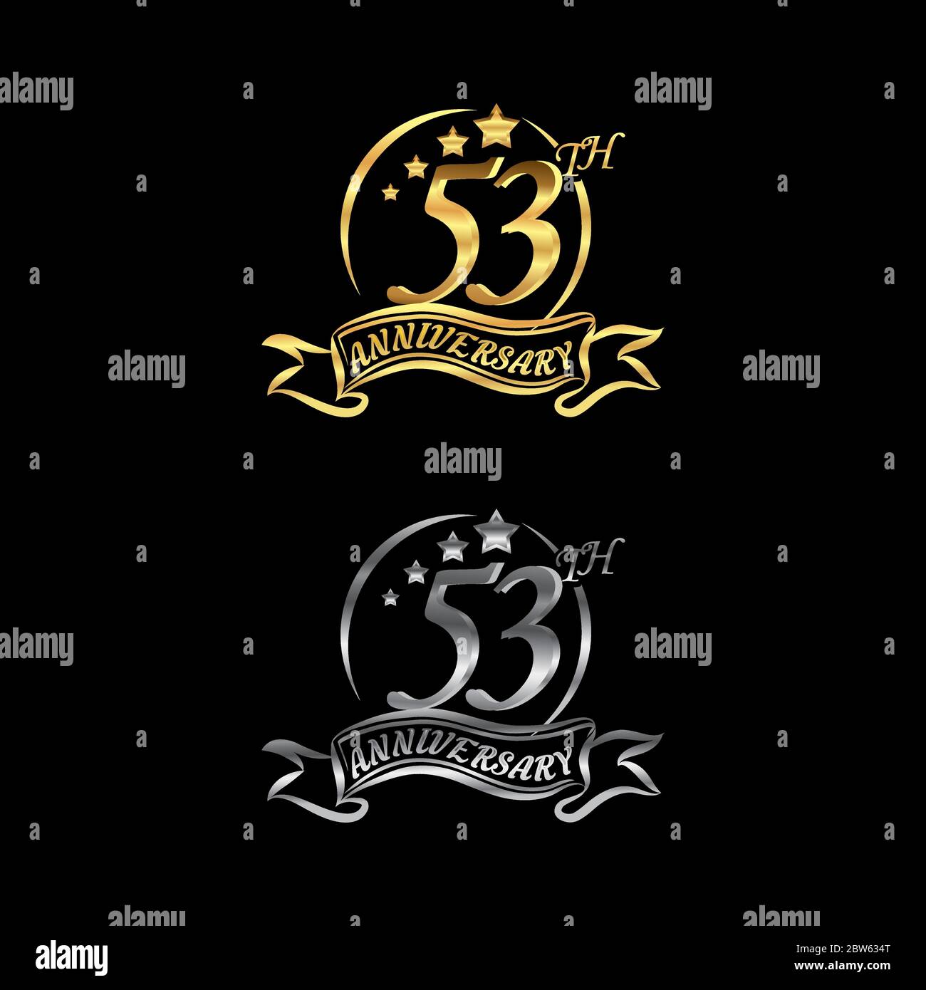 Celebrating the 53th anniversary logo,star shape, with gold and silver rings and gradation ribbons isolated on a black background.EPS 10 Stock Vector