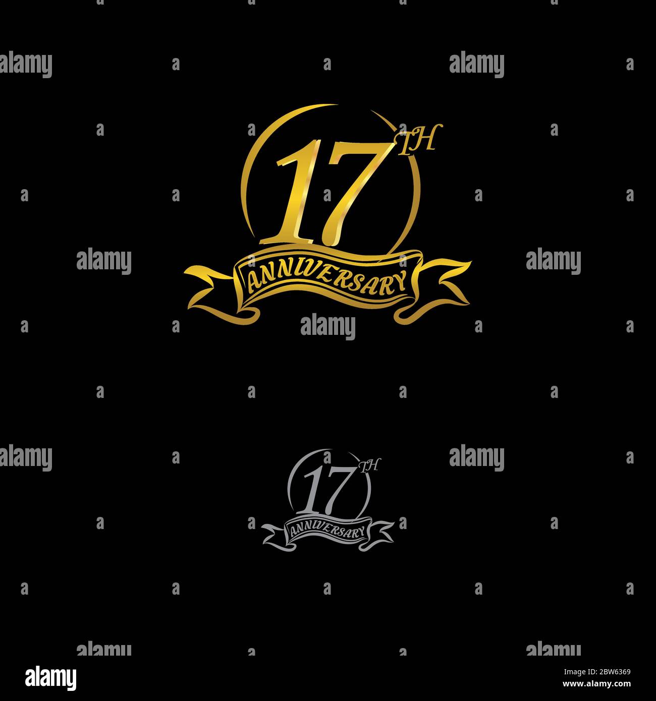 Celebrating the 17th anniversary logo, with gold rings and gradation ribbons isolated on a black background.EPS 1 Stock Vector