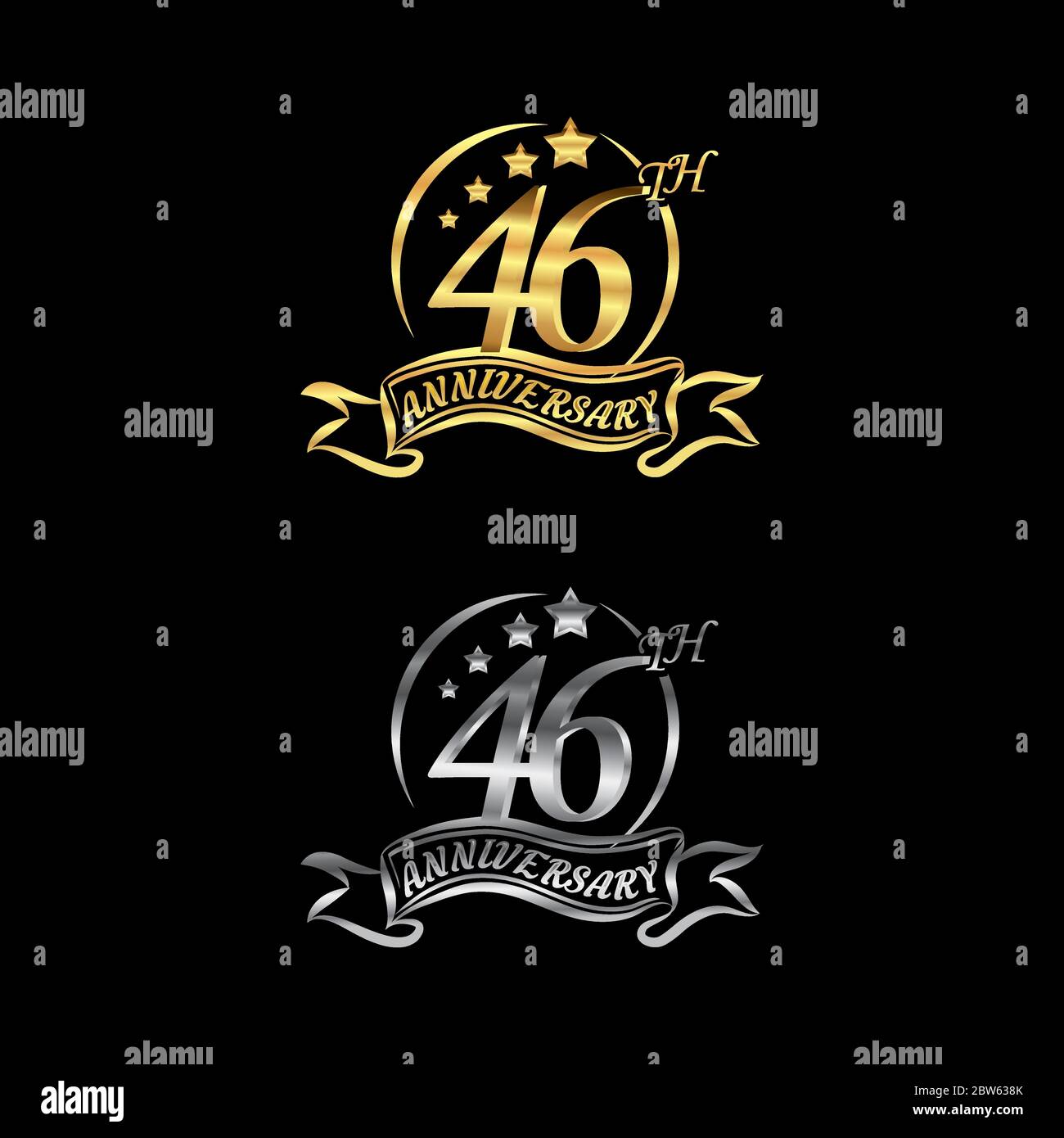 Celebrating the 46th anniversary logo,star shape, with gold and silver rings and gradation ribbons isolated on a black background.EPS 10 Stock Vector