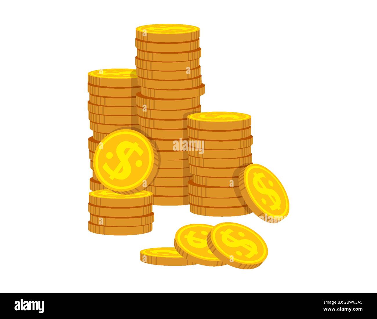 Neat stacks of gold coins flat cartoon. Golden coin pile heap, bank  currency shining sign. Stacks