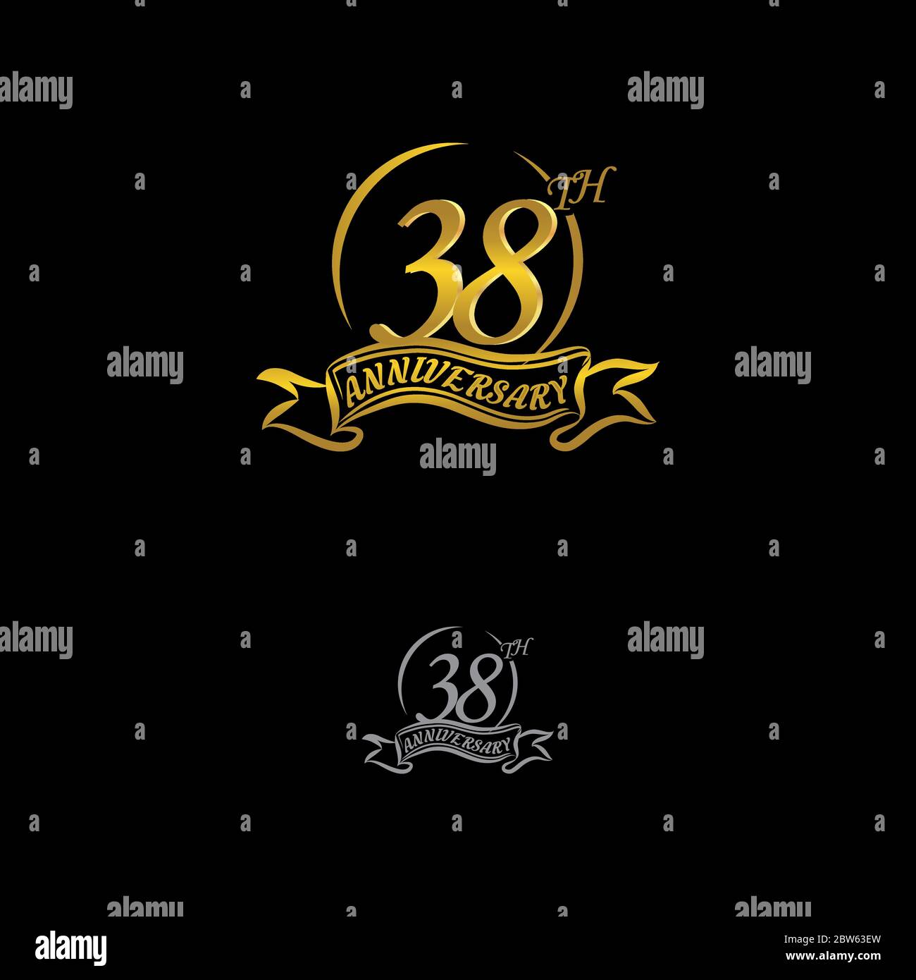 Celebrating the 38th anniversary logo, with gold rings and gradation ribbons isolated on a black background.EPS 10 Stock Vector