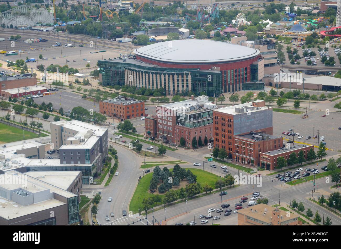Northwest Aerial view of Denver, Colorado, towards Ball Arena / Pepsi Center, Elitch Gardens, and the intersection of Auraria Parkway and Speer Blvd. Stock Photo