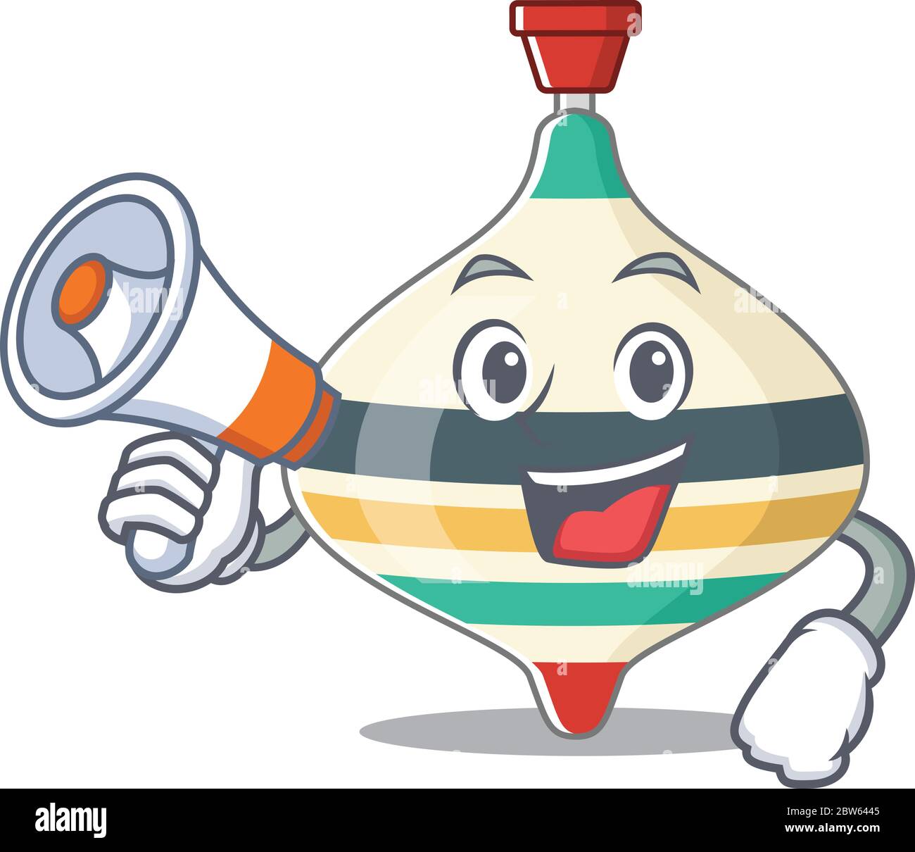 Mascot design of top toy announcing new products on a megaphone Stock