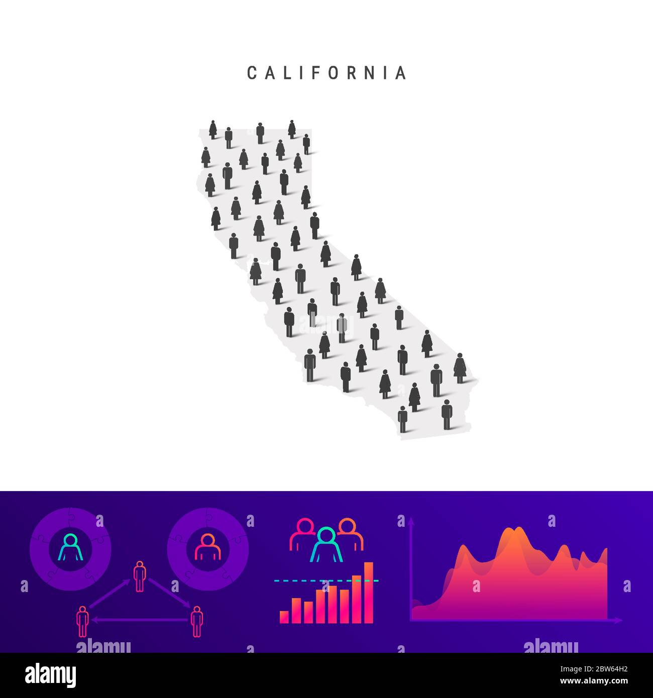 California people map. Detailed vector silhouette. Mixed crowd of men and women icons. Population infographic elements. Vector illustration isolated o Stock Vector
