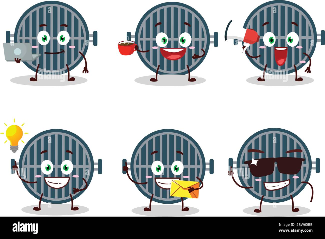 Grill cartoon character with various types of business emoticons Stock