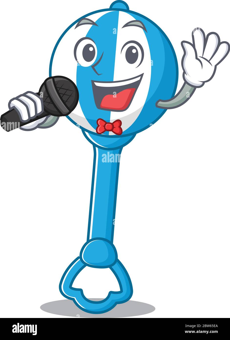 cartoon character of rattle toy sing a song with a microphone Stock