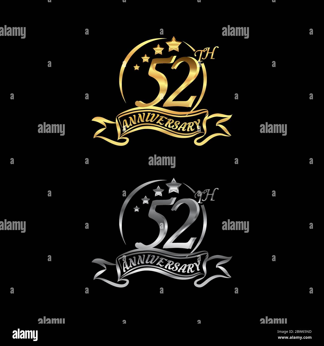 Celebrating the 52th anniversary logo,star shape, with gold and silver rings and gradation ribbons isolated on a black background.EPS 10 Stock Vector