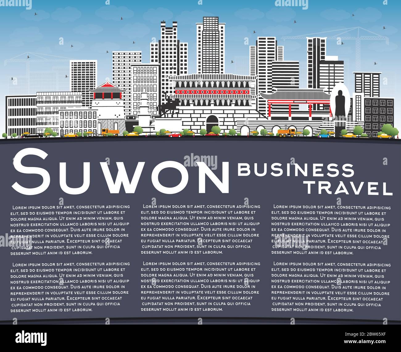 Suwon South Korea City Skyline with Color Buildings, Blue Sky and Copy Space. Vector Illustration. Stock Vector