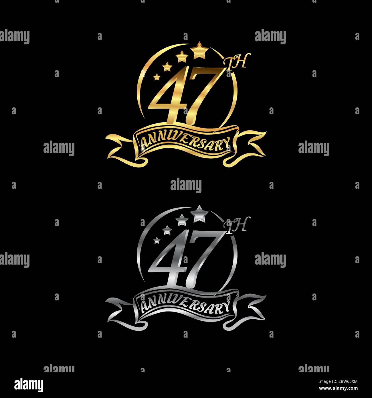 Celebrating the 47th anniversary logo,star shape, with gold and silver rings and gradation ribbons isolated on a black background.EPS 10 Stock Vector