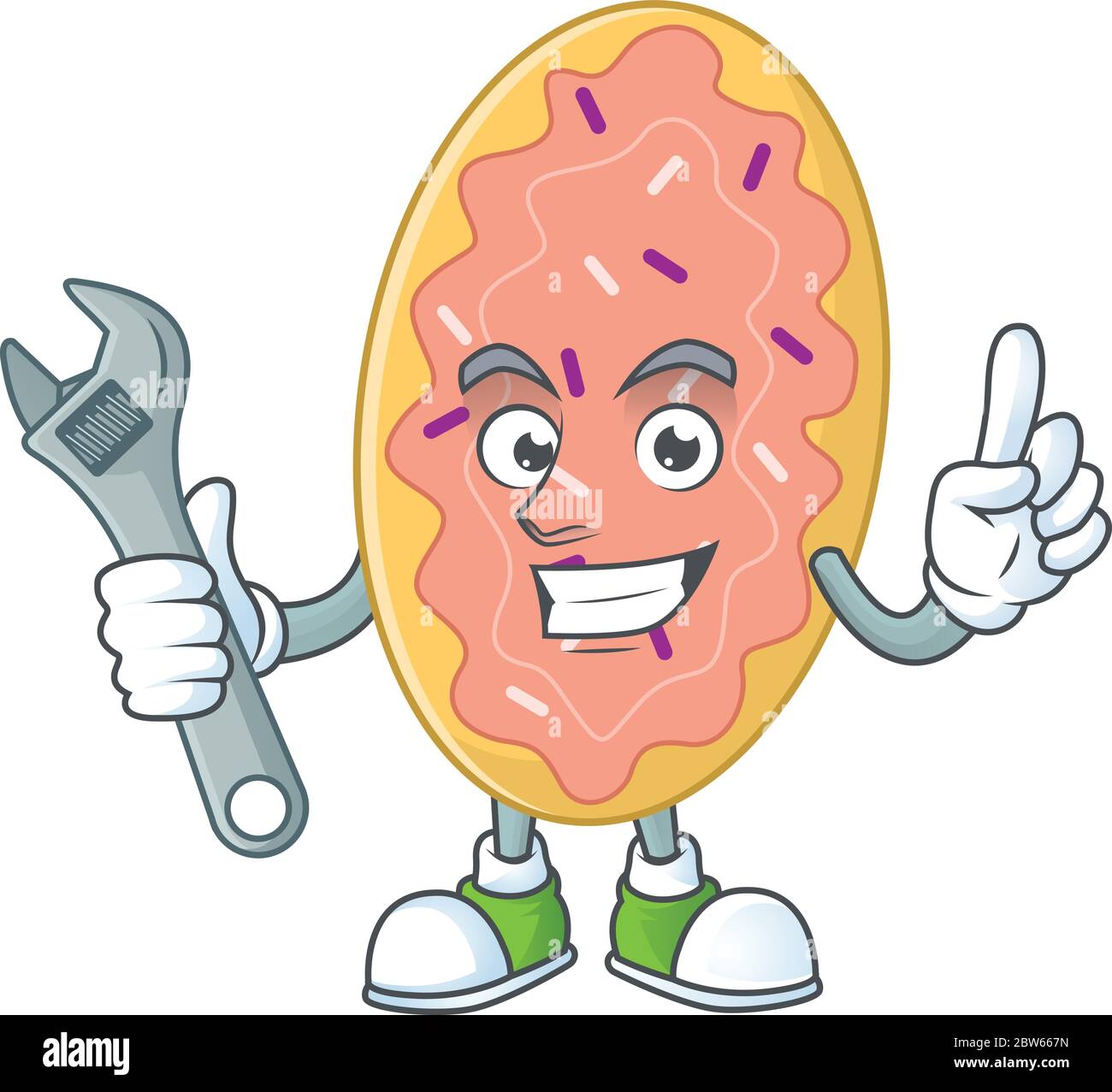 A smart mechanic bread cartoon mascot design fix a broken machine Stock Vector