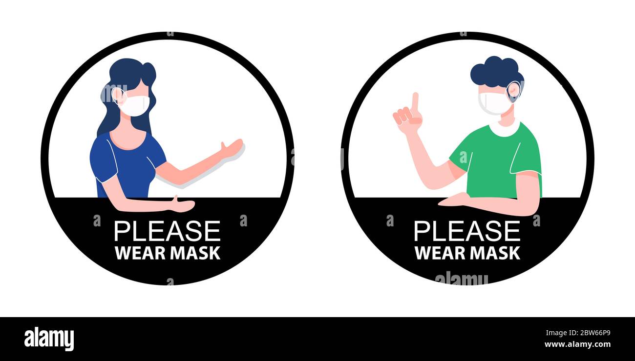 Set of Please wear mask keep distance sign. New normal social distancing banner. Health care and medical flat character vector. Stock Vector