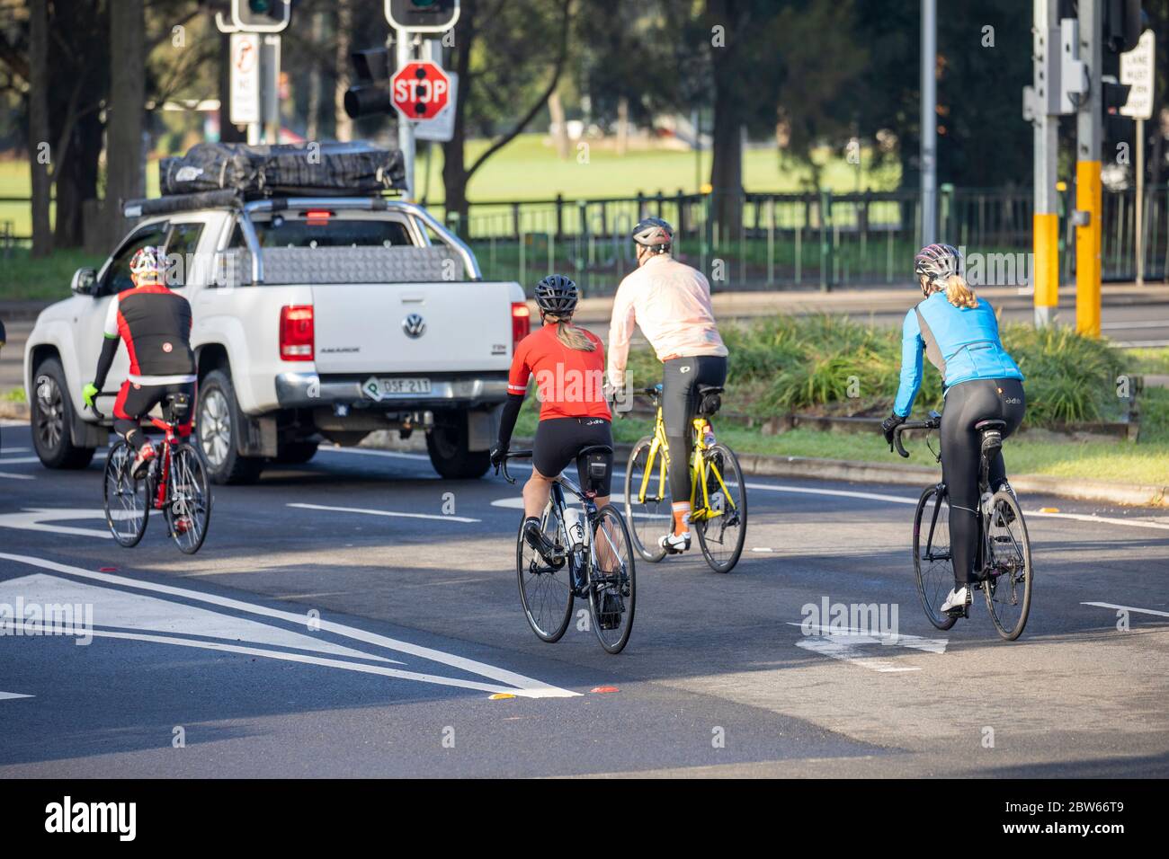 Australian men and women cycling cyclists on their road bikes in North Sydney,NSW,Australia