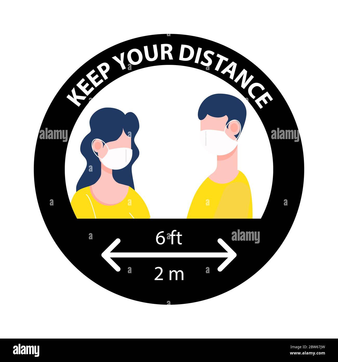 Keep your distance sign. New normal social distancing during covid-19 coronavirus outbreak. People wearing mask. Health care and medical flat characte Stock Vector