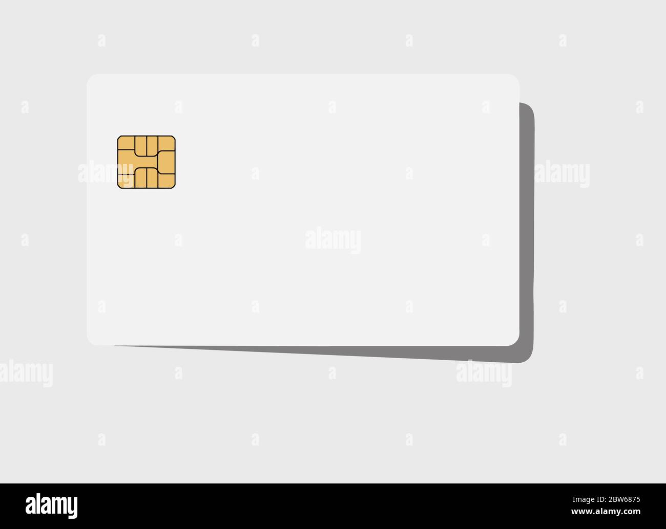 Here is a blank white credit or debit card with a golden EMV chip. Text area. Copy area.  The card casts a shadow on a light gray background. Stock Vector