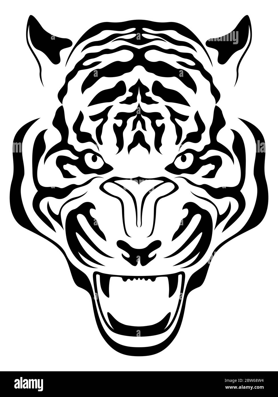 Head of aggressive tiger close up, hand drawing vector outline isolated on a white background Stock Vector