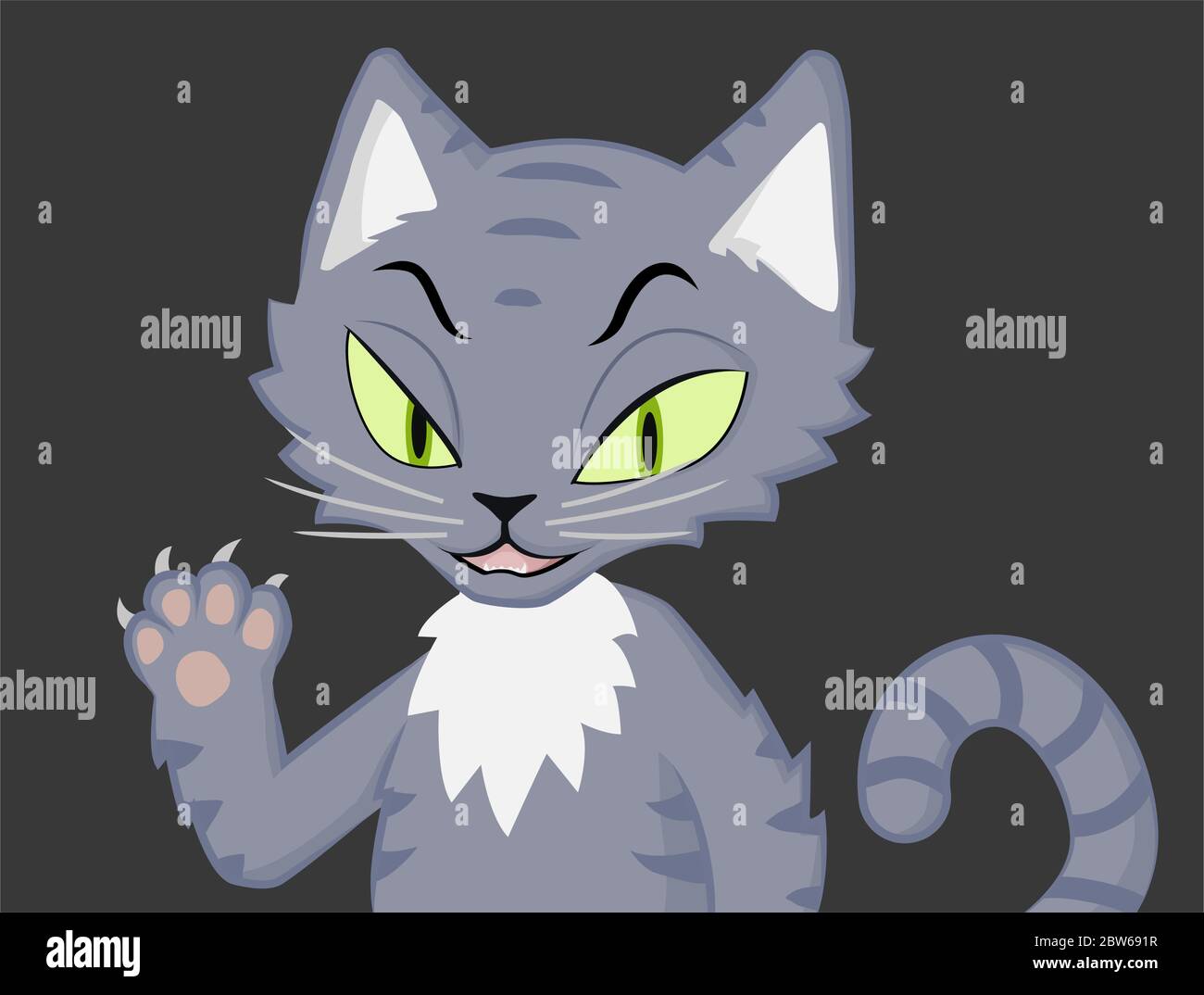 Cat grey annoyed showing claws, cartoon character color vector