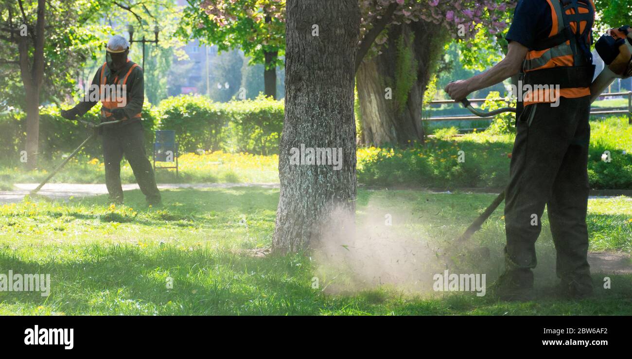 professional garden service at work. lawn care concept. cutting an mowing grass in the park. spring summer season Stock Photo