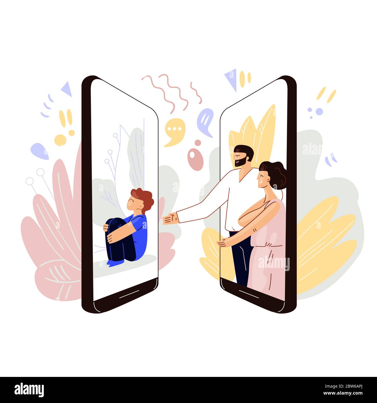 Parents meeting online with kids - vector flat concept. Man and woman sharing love and sympathy with little kid, sitting alone. Video conference Stock Vector