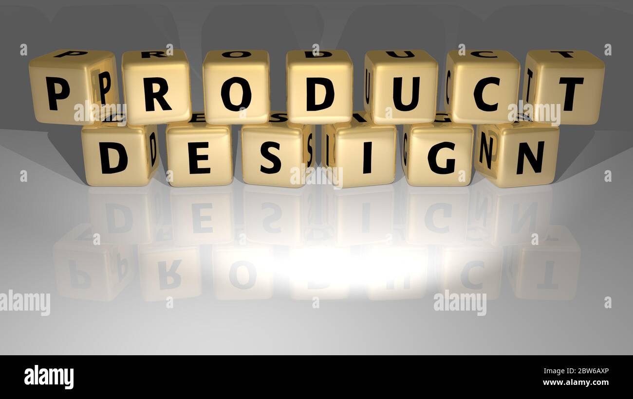 PRODUCT DESIGN built by golden cubic letters from the top perspective, excellent for the concept presentation. 3D illustration Stock Photo