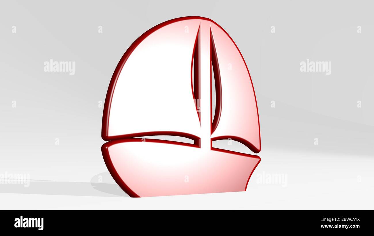 WIND BOAT on the wall. 3D illustration of metallic sculpture over a white background with mild texture Stock Photo
