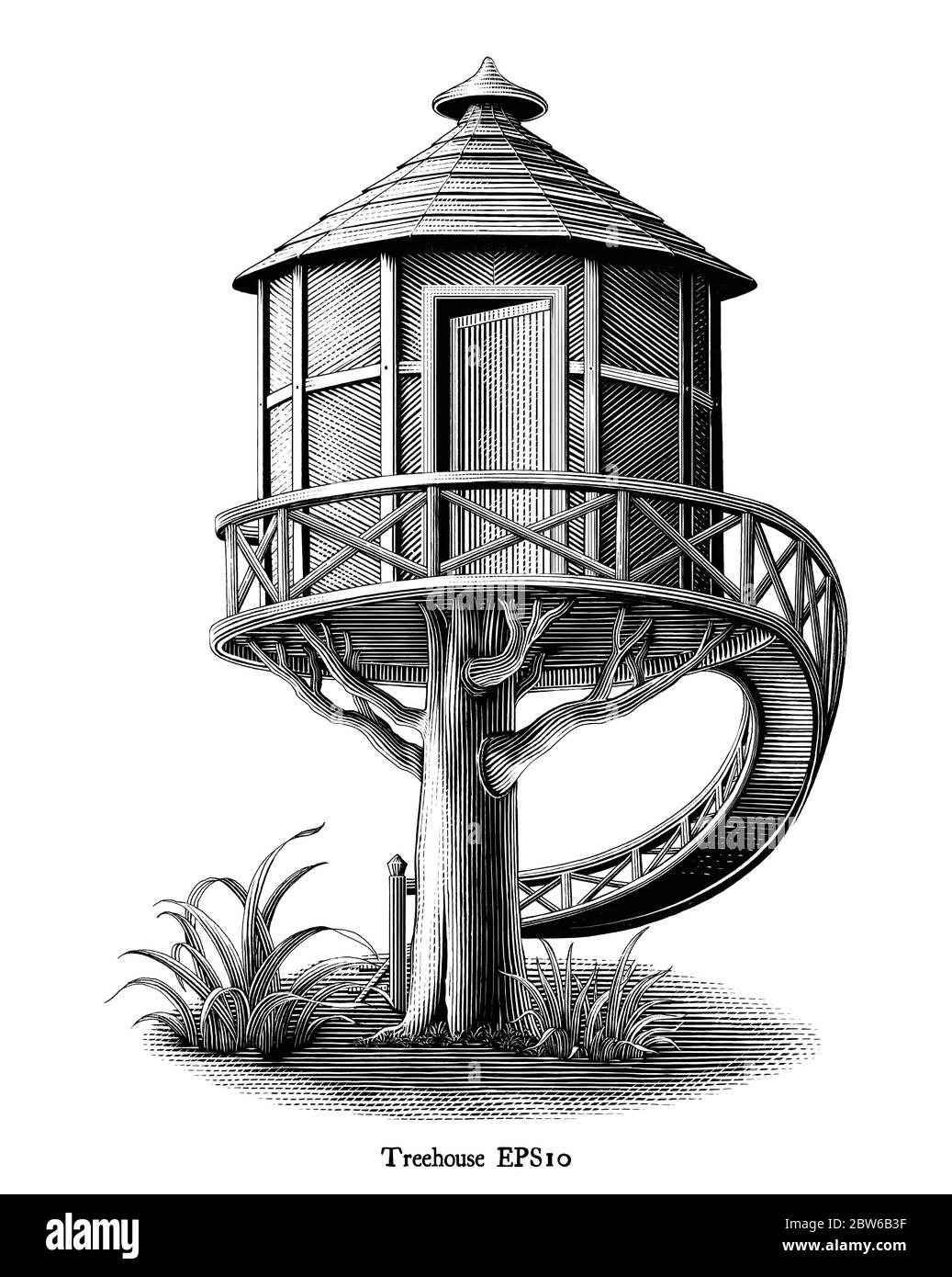 Antique engraving illustration of Treehouse drawing vintage style black and white clip art isolated on white background Stock Vector
